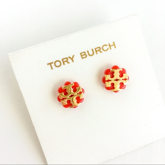 Tory Burch Jewelry - Tory burch red resin flower gold logo earrings
